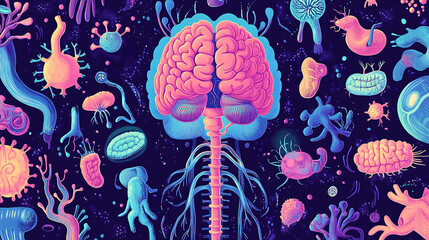 Aufkleber - Illustration depicting the gut-brain axis, highlighting the influence of a balanced microbiome on mental health, mood regulation, and potential links to psychological disorders