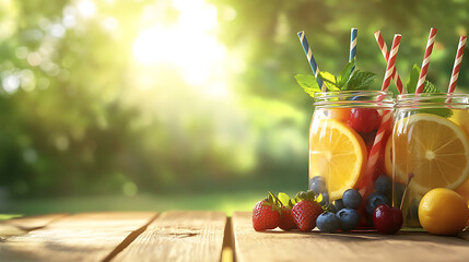 Poster - Jars of fruit and striped straws on an old wooden table outdoors in the sun, Pimade water drinks of lemon juice, blueberry, orange, cherry, strawberry, mint or ice tea on green background