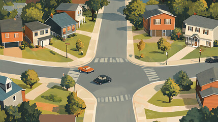 Poster - Illustration of a suburban or small-town street scene with intersections and residential homes, depicted in a flat style, This area is marketed for property and real estate sales in the city