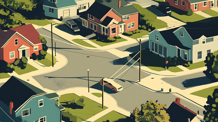 Poster - Illustration of a suburban or small-town street scene with intersections and residential homes, depicted in a flat style, This area is marketed for property and real estate sales in the city