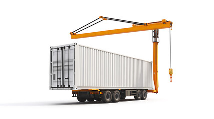 Poster - 3d rendering of a shipping container being carried by a mobile crane, barely isolated on white background
