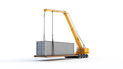 Poster - 3d rendering of a shipping container being carried by a mobile crane, barely isolated on white background