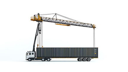Poster - 3d rendering of a shipping container being carried by a mobile crane, barely isolated on white background