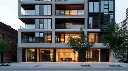 Poster - Modern office building exterior with glass windows and a blue color scheme, in the golden hour lighting