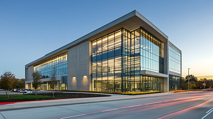 Poster - Modern office building exterior with glass windows and a blue color scheme, in the golden hour lighting