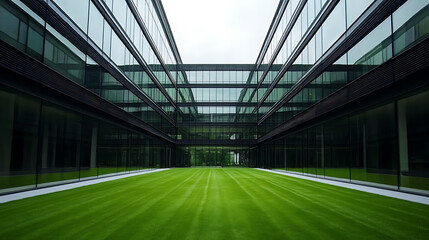 Poster - Modern office buildings with green lawns, low-rise architecture