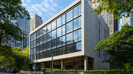 Poster - Modern office building exterior with glass windows and a blue color scheme, in the golden hour lighting