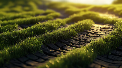 Poster - A 3D illustration creatively uses tire tracks as grass, blending elements of nature with automotive themes in an artistic rendition