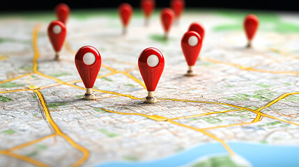 Poster - A city map with red pins representing different location points, representing online local search