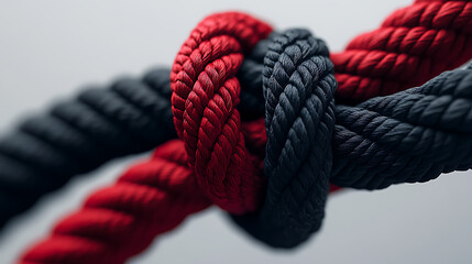 Poster - A close-up image showcasing two intertwined ropes, one red and one black, symbolizing a strong bond, unity, or partnership, tied together in a secure knot on a neutral background