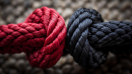 Poster - A close-up image showcasing two intertwined ropes, one red and one black, symbolizing a strong bond, unity, or partnership, tied together in a secure knot on a neutral background