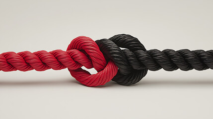 Poster - A close-up image showcasing two intertwined ropes, one red and one black, symbolizing a strong bond, unity, or partnership, tied together in a secure knot on a neutral background
