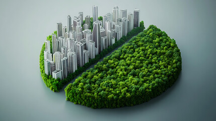 Poster - Pie chart depicting a cityscape balanced with abundant green spaces, symbolizing eco-friendly urban development focused on sustainability, community health, and the integration of nature