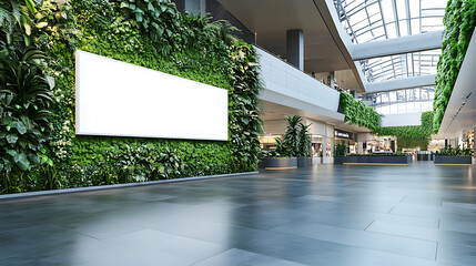 Fototapete - Public shopping center or business mall featuring an empty blank white mockup signboard for advertisements, surrounded by a green living wall, promoting a sustainable and eco-friendly environment