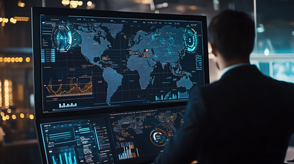 Poster - A HUD UI displays a futuristic user interface with 3D global world maps and business data charts, illustrating advanced technology solutions for business analytics