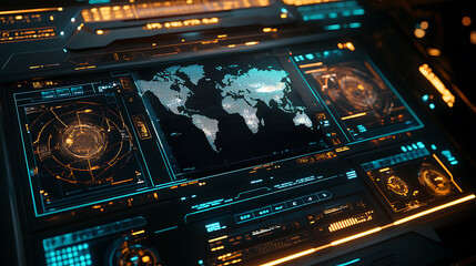 Poster - A HUD UI displays a futuristic user interface with 3D global world maps and business data charts, illustrating advanced technology solutions for business analytics