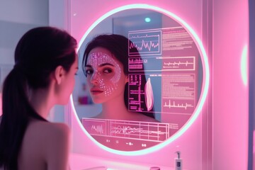 Leinwandbilder - Using an interactive mirror, a person receives AI-based hair health analysis and personalized recommendations to improve their hair care. Generative AI