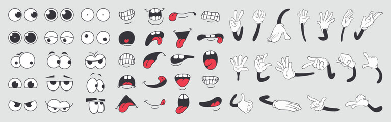 set of 70s groovy comic faces vector. collection of cartoon character faces, hand in different emoti
