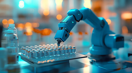 Poster - A blue robotic arm organizes and packages vaccines and healthcare supplies, Bokeh effect