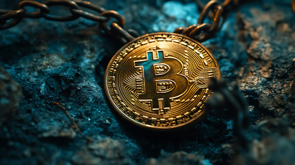 Poster - A gold Bitcoin caught in an iron trap, representing the risks of investing in cryptocurrency