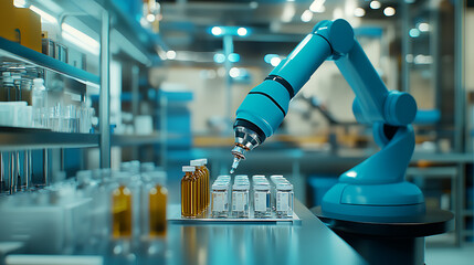 Aufkleber - A blue robotic arm organizes and packages vaccines and healthcare supplies, Bokeh effect