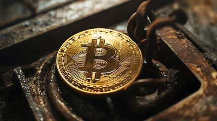 Poster - A gold Bitcoin caught in an iron trap, representing the risks of investing in cryptocurrency