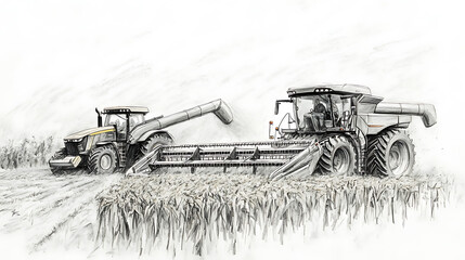 Poster - A sketch of a combine harvester working alongside a tractor illustrates the coordination between different types of agricultural machinery