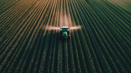 Aufkleber - A tractor is captured spraying pesticides on a corn field during spring, highlighting agricultural activities at the beginning of the growing season