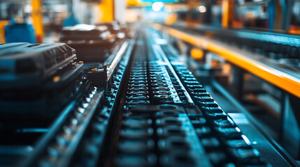 Poster - Efficient mass production assembly line of electric car battery cells in a busy factory industrial photography