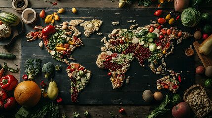 Poster - Global compassion world map made of fruits and vegetables food waste and hunger concept