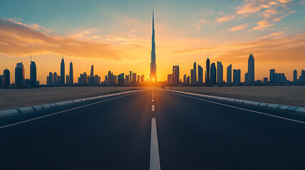 Poster - An empty asphalt road extends into a modern city skyline at sunset, offering a high-angle view that captures the urban scenery in a tranquil moment