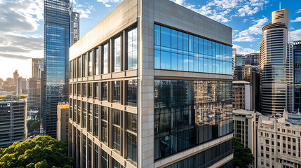 Aufkleber - High angle view of an office building in Sydney, minimal architecture, polished concrete facade with large windows and glazing, modern cityscape