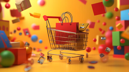 Poster - An online shop is depicted in 3D render realistic icons, including a basket, delivery, gift, promotion, payment card, bonus, and discounts, catering to various e-commerce functionalities