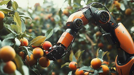 Poster - An advanced robotic arm equipped with sensors and AI technology selectively picking ripe fruit from a tree in an orchard, showcasing precision and efficiency in modern smart agriculture practices