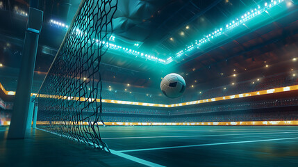 Leinwandbilder - Another view of a volleyball ball and net in an arena during a match, depicted in a 3D illustration, emphasizing the game setting