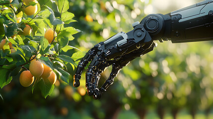 Poster - An advanced robotic arm equipped with sensors and AI technology selectively picking ripe fruit from a tree in an orchard, showcasing precision and efficiency in modern smart agriculture practices