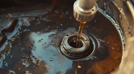 Poster - Auto mechanic remove the drain plug for the auto transmission oil, Allow the used oil to exit the oil pan after that