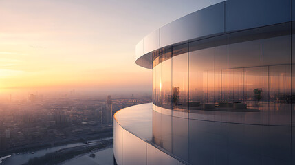 Poster - modern curved glass building, sleek and minimalist architecture panoramic city view at sunset, captu