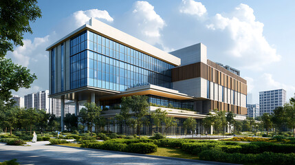 Aufkleber - Modern hospital building with glass facade, in the background commercial office buildings with concrete walls and blue windows, modern landscape design with big green bushes around
