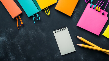 Poster - Black background with white blank notebook containing pencil, eraser, and tag paper, Concept of business and Instagram
