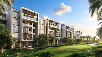 Fototapete - Modern residential apartment building, three storeys with balconies and green landscape in front of it, on the right side there is a golf course, architectural rendering