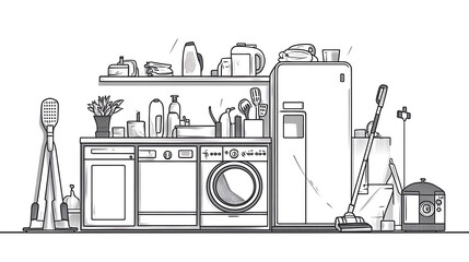 Aufkleber - Collection of various appliances in a black line art style on a white background, featuring a vacuum cleaner, washing machine, and refrigerator, designed for web, sites, banners, prints, and posters
