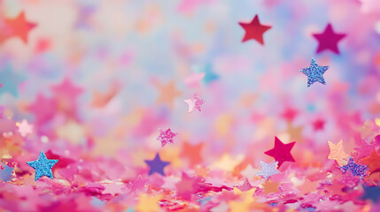 Poster - Colorful star confetti background, colorful glitter stars texture for celebration or party decoration with copy space area