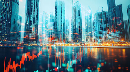Aufkleber - Downtown Dubai's business skyscrapers, Western Asia's international center for finance and trade, Concept of FOREX charts and graphs, Double exposure, Dubai Canal waterfront