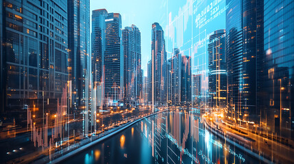 Poster - Downtown Dubai's business skyscrapers, Western Asia's international center for finance and trade, Concept of FOREX charts and graphs, Double exposure, Dubai Canal waterfront