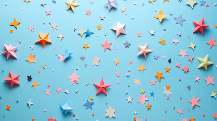 Poster - Colorful star confetti background, colorful paper stars in various sizes scattered across the screen