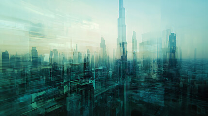 Poster - Dubai's downtown skyscrapers as a cityscape, The Emirate of Dubai's capital city's contemporary skyline, technology in the concept of transportation, Double exposure