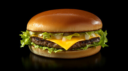 Poster - Home made hamburger with lettuce and cheese, isolated against a black background