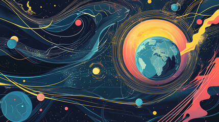 Poster - Illustration of electromagnetic fields around Earth and the Sun