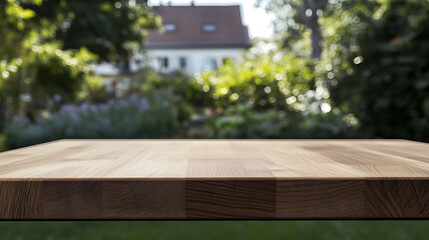 Aufkleber - Wooden table top with blurred garden and house background for product display presentation